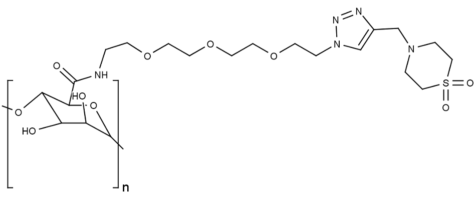 Chemická struktura triazol-thiomorfolindioxid alginátu.