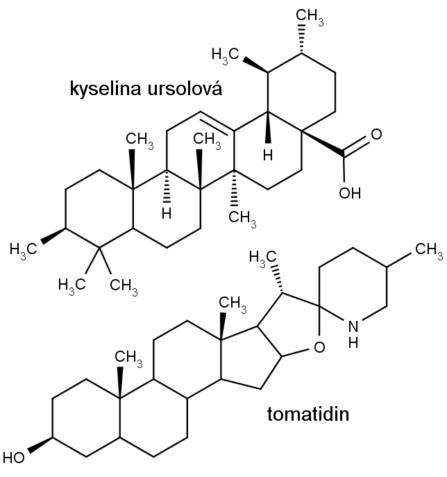 Struktura ursulové kyseliny (nahoře) a tomatidinu (dole).