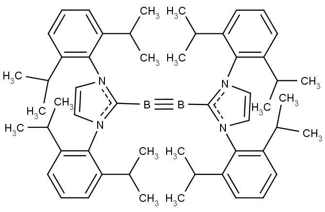 Struktura sloučeniny s trojnou vazbou mezi atomy bóru.