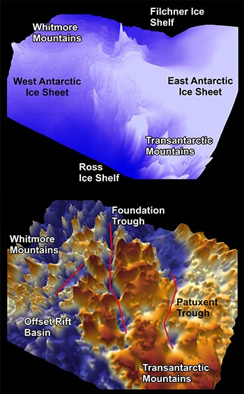 Povrch Západoantarktického ledovce a tři nově objevená údolí pod ním na radarovém snímku (foto Northumbria University).
