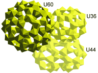 Strukturu jednotlivých uranových fullerenů vidíme na obrázku, Angewandte Chemie International Edition, volume 48, Issue 15,  pages 2737–2740, March 30, 2009.