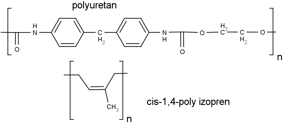 Nahoře chemická struktura polyuretanu, dole cis-1,4-polyizoprenu.