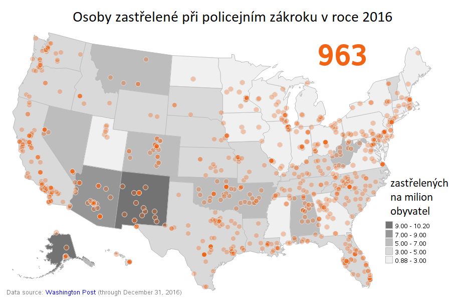 Místa, kde ve Spojených státech v roce 2016 byl zastřelen člověk při policejním zákroku.