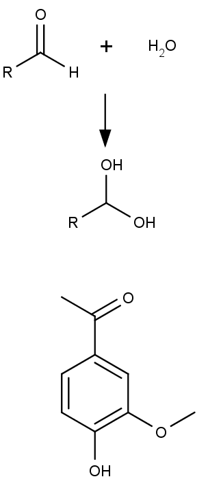 nahoře hydratace aldehydu na geminální diol, dole struktura vanilinu