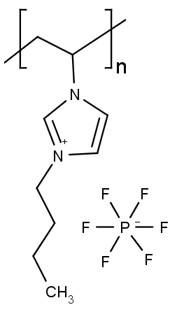 Chemická struktura poly(1-vinyl-3-butylimidazolia) a hexafluorofosforečnanového aniontu (vpravo dole). 