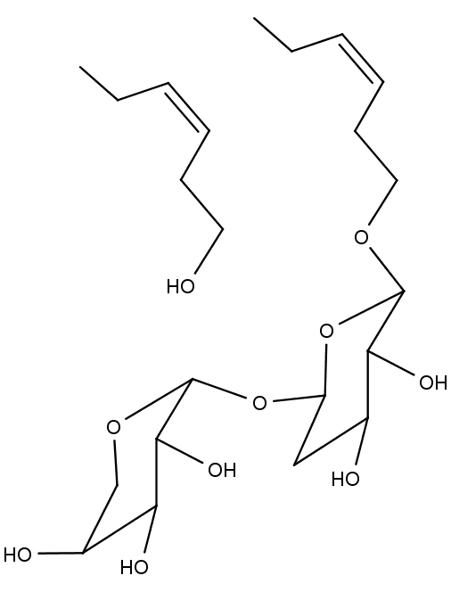 vlevo nahoře je znázorněna struktura cis-3-hexenolu, vpravo cis-3-hexenylvicianosidu