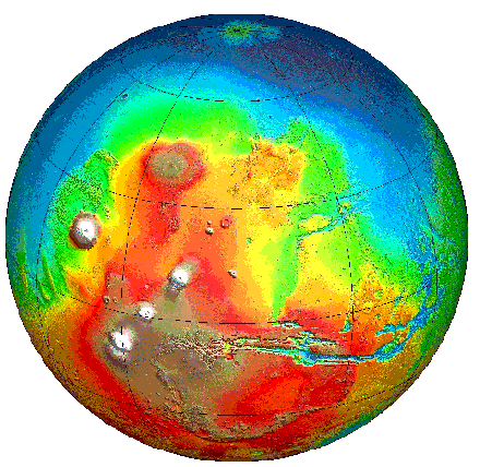 Reliefový globus Marsu. Jižní část je výrazně hornatější než severní (JPL, NASA).