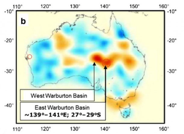 Warburtonovy pánve, obr. A.Y. Glikson et al, Geophysical anomalies and quartz deformation of the Warburton West structure, central Australia, Tectonophysics 643, 7 March 2015, Pages 55–72)
