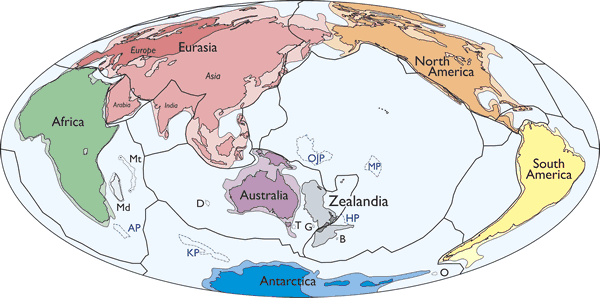 Současná poloha Zélandie (N.Mortimer et al., Zealandia: Earth’s Hidden Continent, GAS Today, Volume 27 Issue 3, doi: 10.1130/GSATG321A.1).