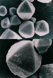  Fotografie krystalků zeolitů získaných na Zemi (nahoře) a ve vesmíru (dole). Foto NASA